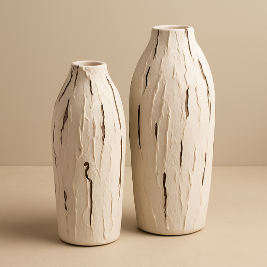 Textured Ceramic Vases – Natural Carved Finish set of 2