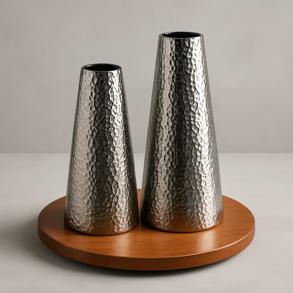 Hammered Silver Metal Cone Vases set of 2