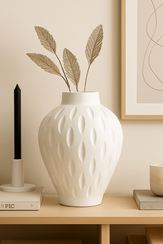 Elegant Textured Pottery Vase – White Decorative Piece