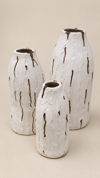Textured Ceramic Vases – Natural Carved Finish set of 3