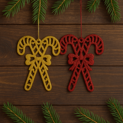 Candy Cane Christmas Ornaments – 2 Packs (1 Red Pack + 1 Gold Pack) Each pack includes 3 pieces