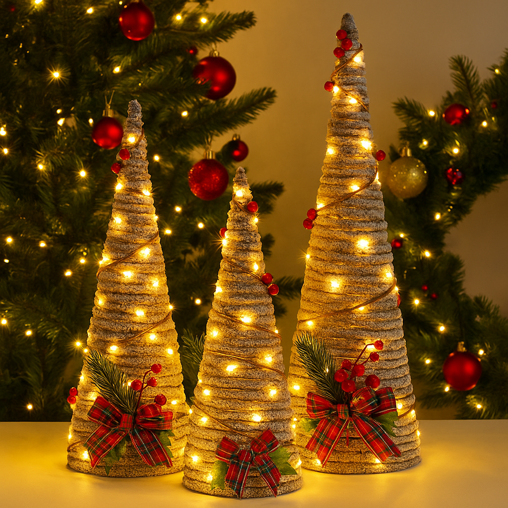 Set of Three Lighted Christmas Cone Trees
