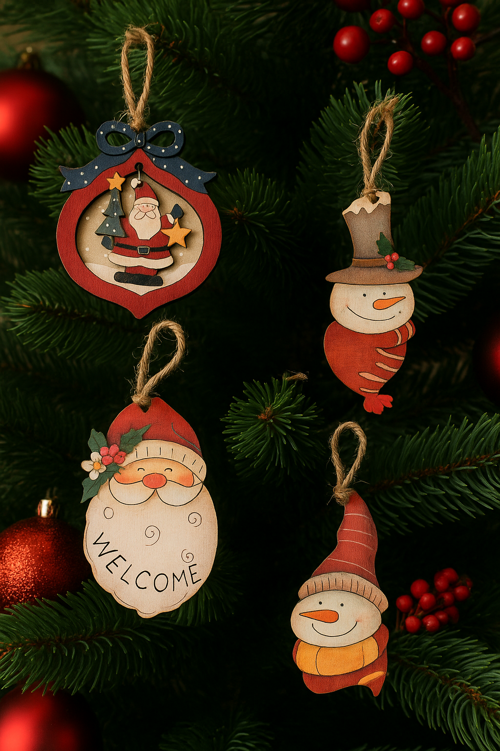 Wooden Christmas Tree Hanging Ornaments – Santa & Snowman Design set of 4