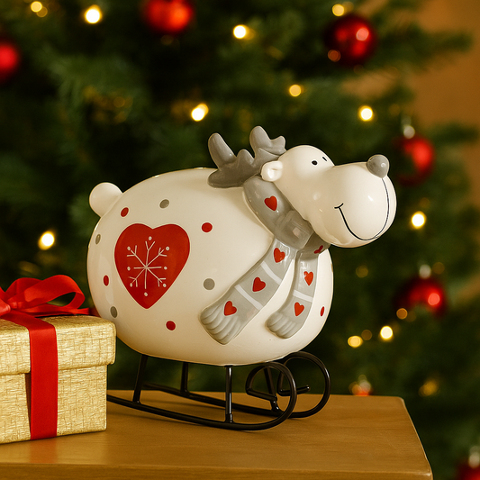 Ceramic Reindeer Figurine on Sleigh Stand