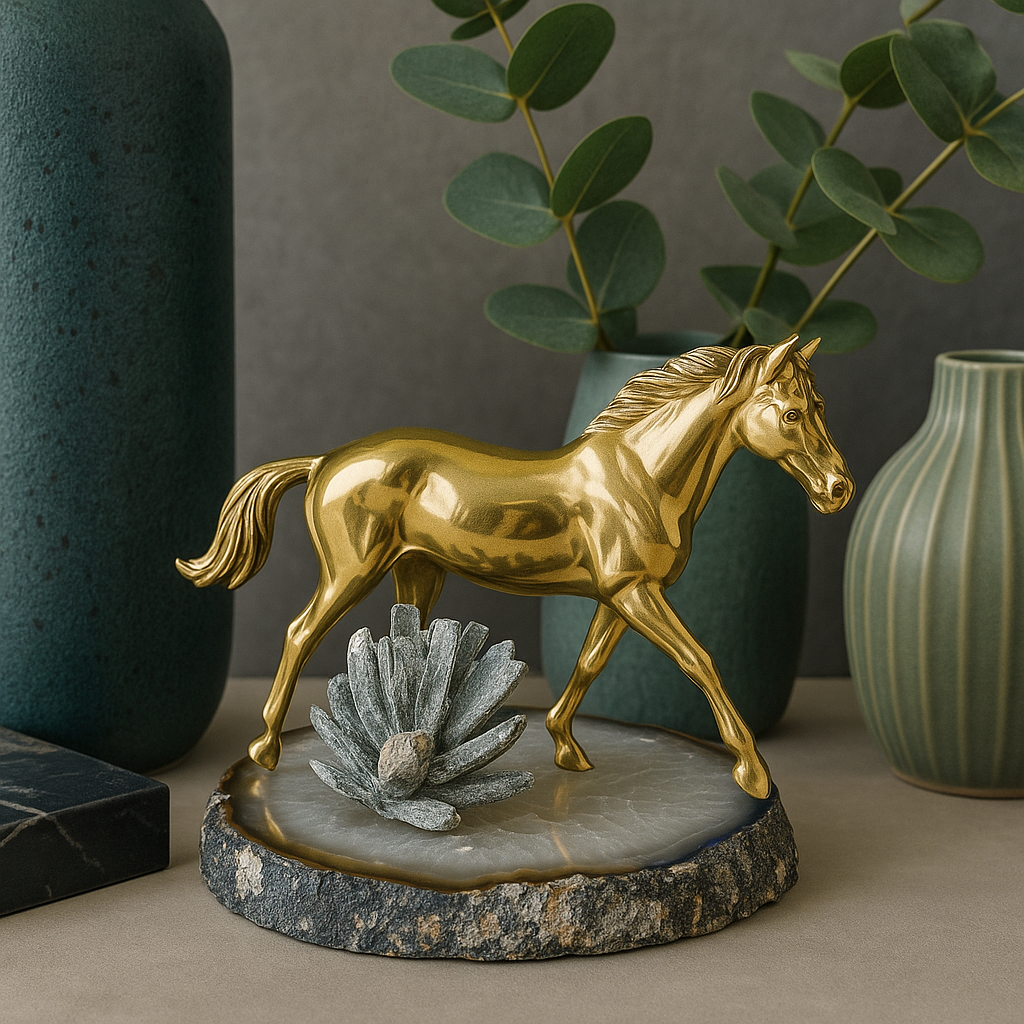 Brass Horse with Quartz Base