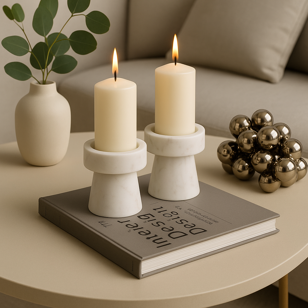 Minimalist White Marble Stands Set Of 2 Without Candle