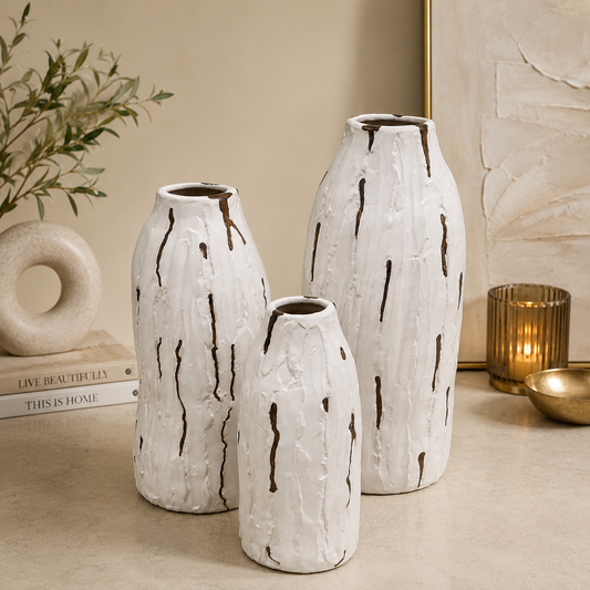 Textured Ceramic Vases – Natural Carved Finish set of 3
