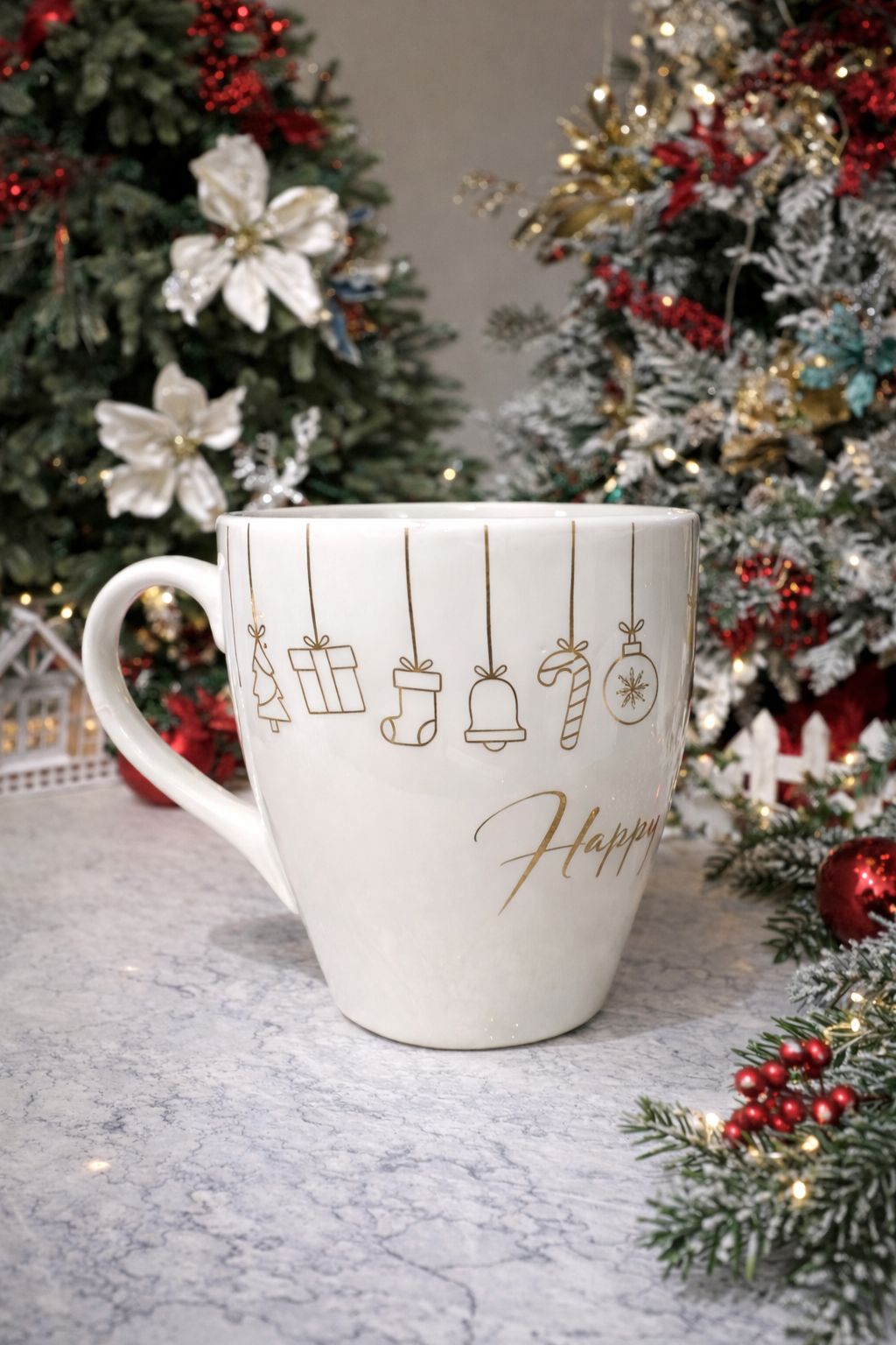 White Christmas Mug with Elegant Gold Details set of 2