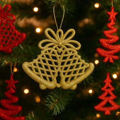 Christmas Tree Hanging Bell Ornament – Sparkling Design - Pack of 4 bells 2 each color