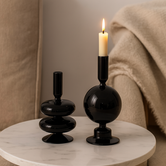 Modern Glass Black Candle Holders - set of 2
