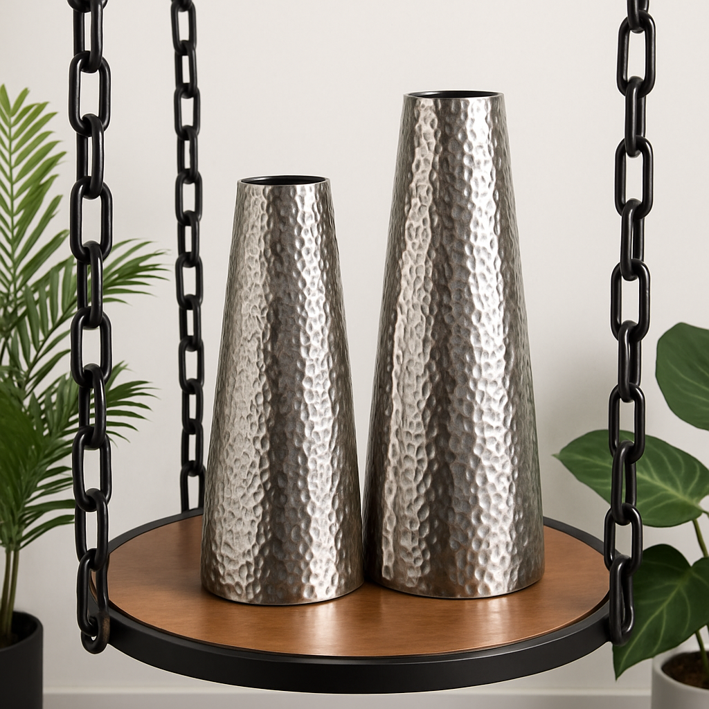 Hammered Silver Metal Cone Vases set of 2