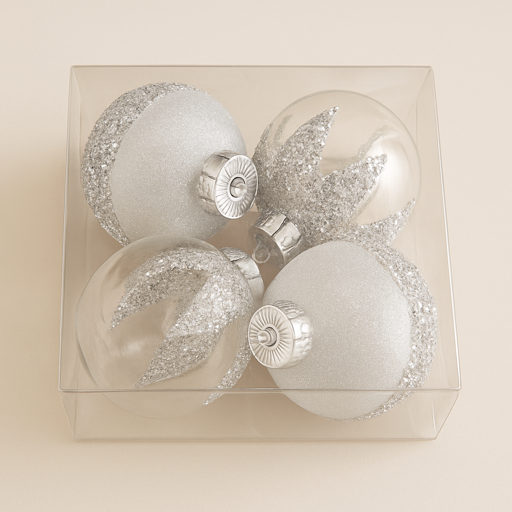 Silver Glitter Christmas Ornaments Set of 4