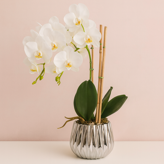Elegant Artificial Orchid in Silver Ceramic Pot