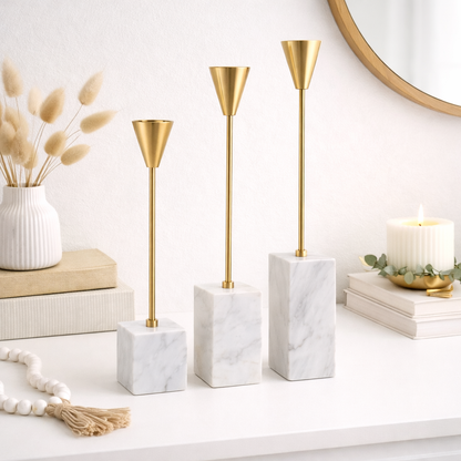Luxury Candle Holder with Natural Marble Base & Gold Finish set of 3